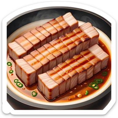 Cinematic Realistic Samgyeopsal Dish Emoji, depicted with sizzling, thick slices of pork belly grilled to perfection rendered with rich textures and warm, inviting lighting. sticker