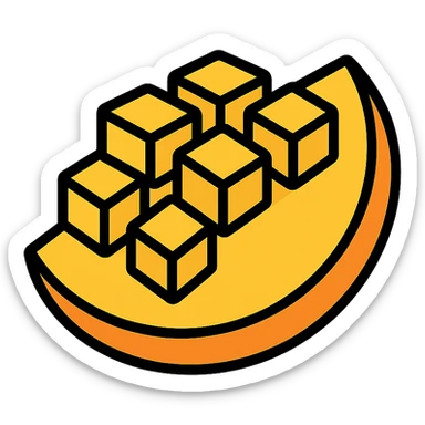 minimal flat vector icon, mango slice with cube-cut surface, square chunks raised, bright yellow-orange, no face, no background sticker