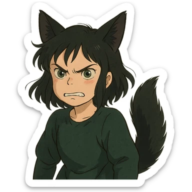A girl with black fox ears and a tail, green eyes, dark hair, looking angry sticker