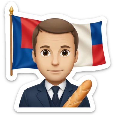 Macron avec une baguette et un drapeau français derrière lui sticker