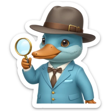 cute light blue turqiouse platypus with a detective hat and monocle on his eye, no  hands, looks like a platypus but blue, the hat and suit are not blue sticker