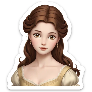 Cinematic Realistic Belle Portrait, depicted with lifelike skin texture, soft natural lighting, and intricately detailed brown hair styled elegantly. Her deep, expressive eyes exude warmth and intelligence, complemented by a serene and graceful expression. She is dressed in her classic attire, with rich fabric textures and delicate folds that catch the light beautifully. The portrait features a soft, enchanting glow with a natural, radiant finish, capturing the essence of timeless beauty in a realistic and painterly style, evoking a sense of depth and authenticity. sticker