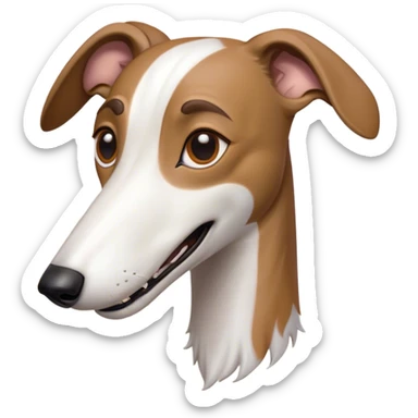 Cinematic Comical White and Brown Greyhound Portrait Emoji, Head tilted dramatically with an exaggeratedly amused expression, featuring a striking white Fur with dynamic brown accents, wide, expressive eyes filled with playful disbelief, Simplified yet hilariously expressive features, highly detailed, glowing with a slightly sassy glow, high shine, dramatic yet playful, stylized with an air of cheeky mischief, bright and endearing, soft glowing outline, capturing the essence of a spirited and over-the-top racer, so meme-worthy it feels like it could side-eye its way into internet fame instantly! sticker