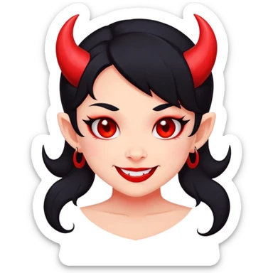 VK sticker style devil girl, cute, simple design, bold outlines, flat colors, red skin, small horns, mischievous smile, expressive eyes. sticker
