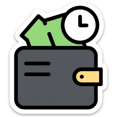 black wallet with dollars inside and a small clock in top right corner positioned above the wallet sticker