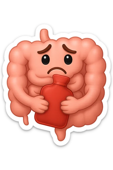 emoji stile iphone di un intestino che si tiene la borsa dell'acqua calda al centro, espressione di tristezza in volto, iperrealistico 4k sticker