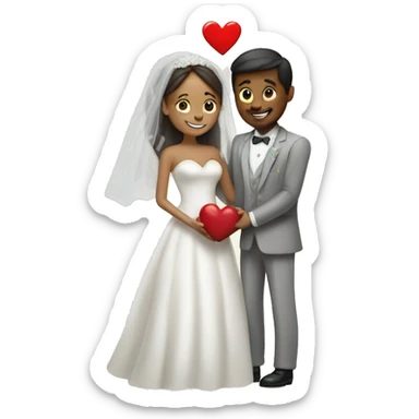 Bride and groom hugging with heart sticker