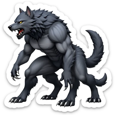 cinematic-noble-fierce-werewolf-full body on all fours-emoji, poised-and-imposing, with a tall, lean, and muscular wolfish frame inspired by the brutal, imposing shape of the beast from Berserk, fur rippling in shades of midnight black and silver, massive paws with razor-sharp claws, elongated limbs and fangs, eyes glowing with an intense, primal ferocity, reflecting the untamed power of the wild moonlit night; rendered with realism like a wolf sticker