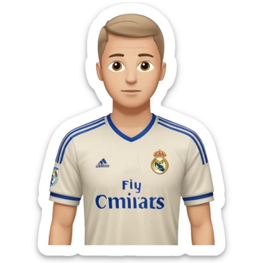 White male wearing Adidas Real Madrid jersey with Champions logo on sleeve sticker