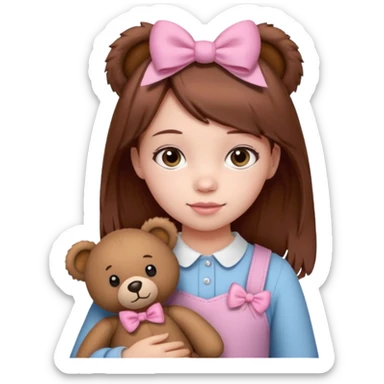 Girl child with bow in brown hair and plushie  sticker