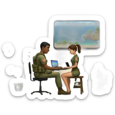 A soldier playing computer game while his girlfriend waits fór jim to reply with message sticker