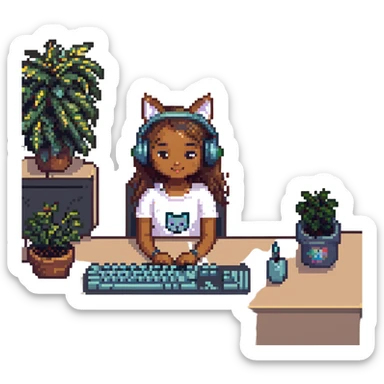 light brown-skinned girl wearing cat headphones working on her computer pixel art sticker
