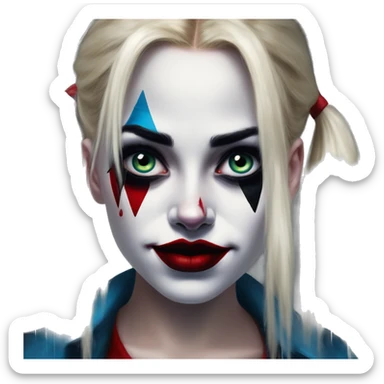 Tears in Harley Quinn style, oil paint, mysterious eyes, intricate lips, masterpiece portrait, odd perspective, beautiful, desirable, logical sticker