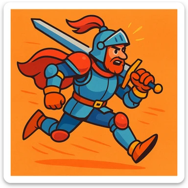 man in a medieval knight costume running, action pose, detailed armor, vibrant colors, energetic cartoon style sticker