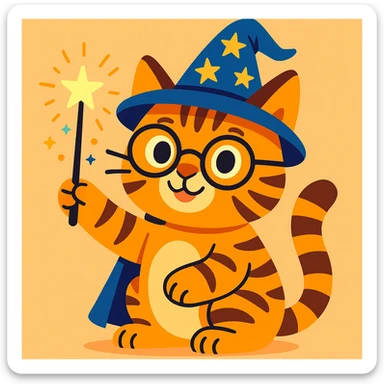 a tabby cat with a wizard hat, Harry Potter glasses, and a magic wand, playful style sticker