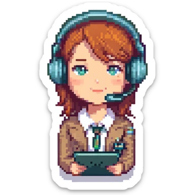 female recruiter, cute, pixel art with a headset sticker