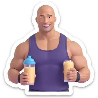emoji of muscular bald man resembling Dwayne Johnson smiling and holding a protein shake, wearing a tank top sticker