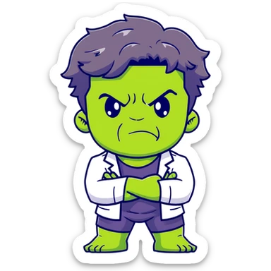 Chibi Bruce Banner transforming into Hulk, showing stages of transformation from nerdy scientist to green monster, cute big head style, adorable expression changing from worried to angry sticker