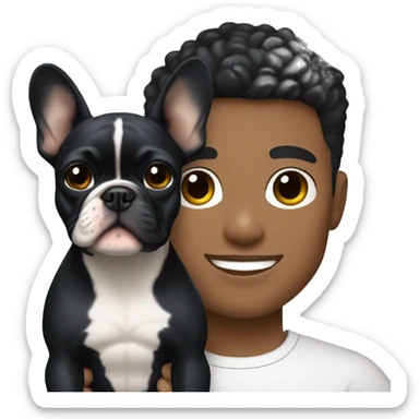 athletic light skin male with short black hair holding a french bulldog sticker