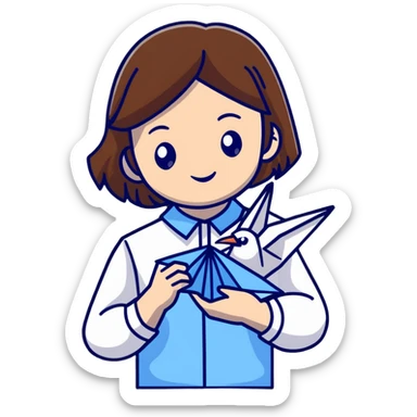 A Ukrainian young girl with brown hair wearing a white embroidered shirt holds an origami blue crane sticker