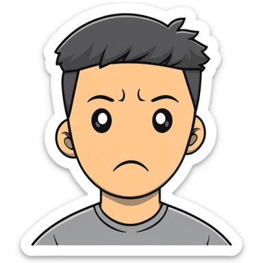 Asian man in a gray shirt with a frown sticker