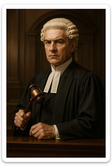 lawyer wearing classic judge's wig, holding a gavel, traditional look sticker