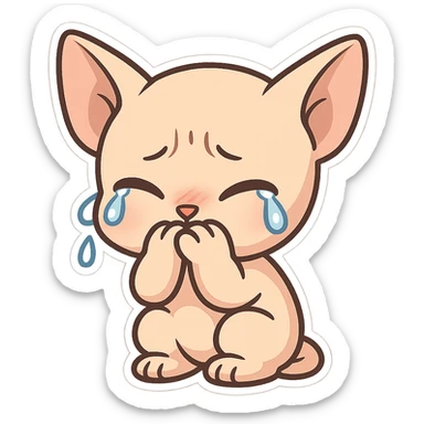 A bald kitten with no hair on its head. The kitten is crying with its paws covering its mouth. sticker