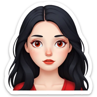 girl with long black hair, soft makeup, and red freckles across her cheeks sticker