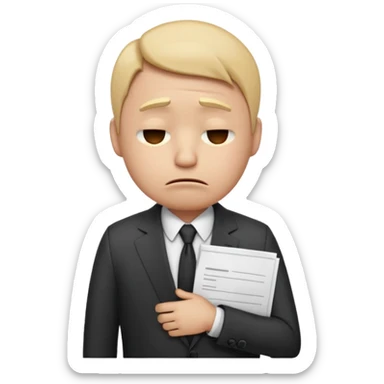unisex emoji character wearing a suit. face has a very sad crying, disappointed expression with drooping eyebrows and half-closed eyes. posture is dejected, with slumped shoulders just rejected from his interview to get a job, holding cv. sticker