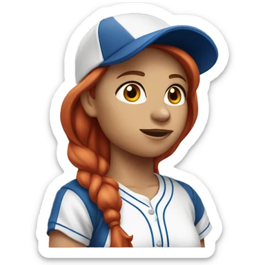 front facing, standing female coach with long red hair, wearing a white t-shirt and a simple blue baseball hat sticker