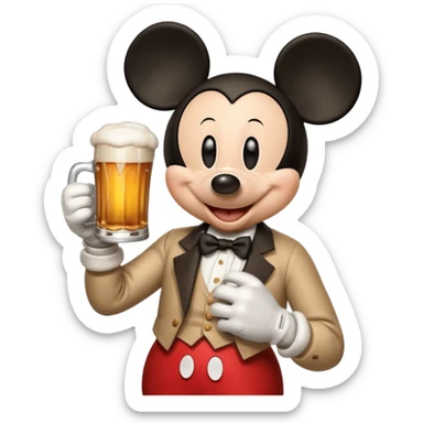 Mickey Mouse holding a beer sticker
