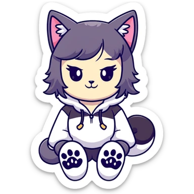 adorable chibi catgirl with cat paws, fluffy tail, oversized head and small body sticker