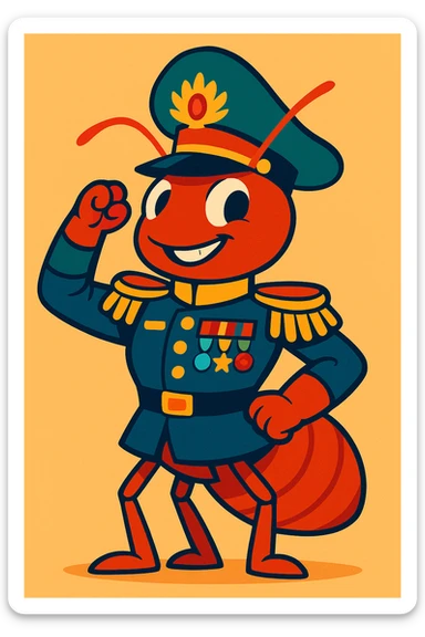 ant general with a decorated military hat and medals, vibrant toon style sticker