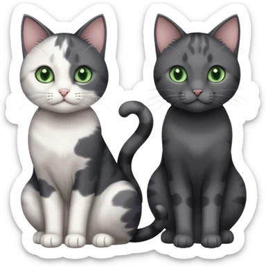3 different coloured small cats including a dark grey and white, and a patchy calico and a completely solid dark grey with green eyes and only white paws sticker