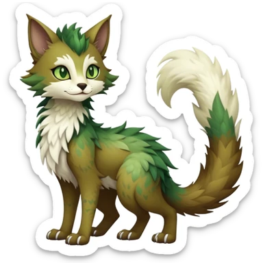 Kawaii dark cute cool brown beige white fantasy ethereal feline-vernid-sergal-fursona animal creature with a tufted tail full body with intricate markings, hazel-gold-green eyes sticker