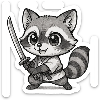 manga raccoon wielding a sword, big eyes, cute expression, chibi style sticker