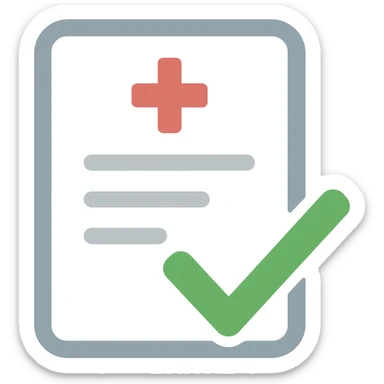 icon of a medical exam sheet with a checkmark, flat color style sticker