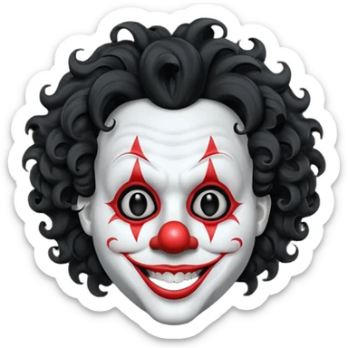 generate white clown mask emoji with a big curly black hair 

wide black coloured smile, no red nose but instead long and pointy white nose with no nostrils, pitch black eyes, no brows sticker