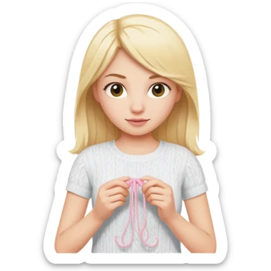 Blonde girl knitting with a white tshirt, the yarn is light pink sticker