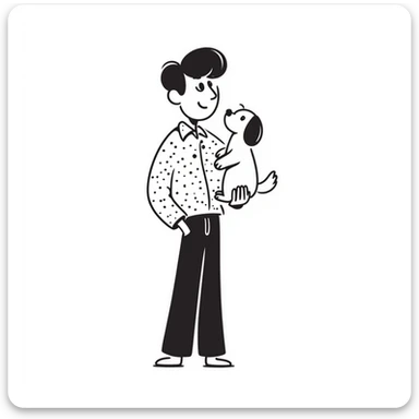 Mexican man with black hair and brown eyes wearing a shirt and black pants, holding a small white dog with one brown ear sticker
