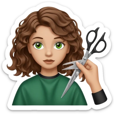 Girl with green eyes and brown wavy hair getting haircut with scissors sticker