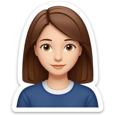 woman with straight brown hair parted down the middle with a smile sticker