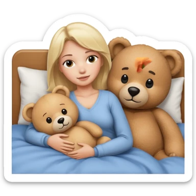 Blond Woman in bed with a big  bear sticker