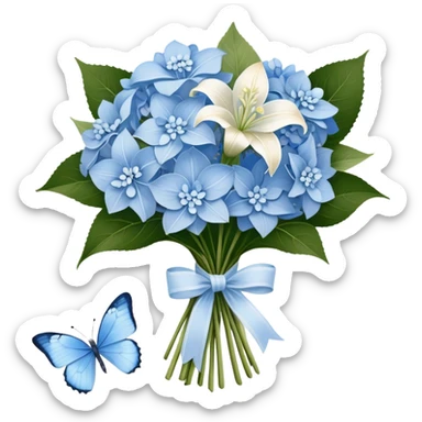 A wooden table adorned with a small bouquet of baby blue hydrangeas and creamy white lilies, wrapped in a softly frayed linen ribbon. A single blue butterfly, dusted with a hint of silver, rests lightly on the bouquet, as if drawn to its delicate fragrance. sticker