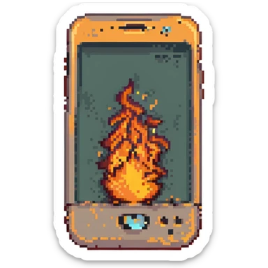 mobile phone on fire, pixel art style sticker