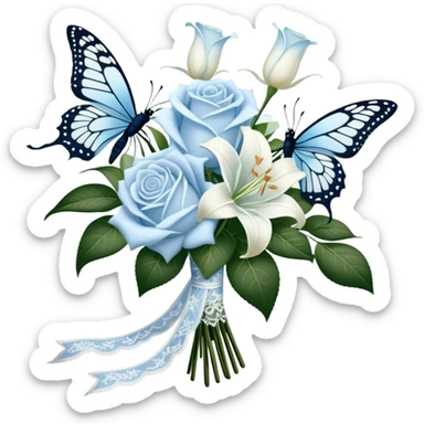 A classic bouquet of pale blue roses, delicate white lilies, and trailing jasmine, tied together with an embroidered ivory ribbon. A butterfly with lace-like wings hovers nearby, casting a soft, intricate shadow over the bouquet. sticker
