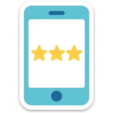 Smartphone icon, flat emoji style, outline with blue and turquoise colors, screen showing three gold/yellow stars aligned in a horizontal row, white background sticker
