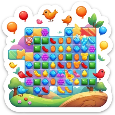 An icon representing a casual game, inspired by titles like Candy Crush. The design features colorful puzzle pieces, bouncing birds, and characters running through dynamic landscapes. Vibrant HUD elements like scores and power-ups highlight the playful. Transparent background sticker