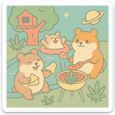 Discord server icon, square format, summer pool cookout scene with up to 3 hamsters, weed leaves, cheese, and THC theme, near a treehouse, possibly in space, pastel toon style, soft pastel colors, playful, nostalgic, fun, inviting, summer party vibe, clear composition, less vibrant colors sticker