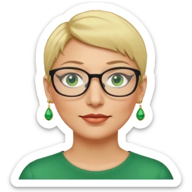 femme 40 ans lunettes cheveux très courts blonde anneaux oreilles yeux verts sticker